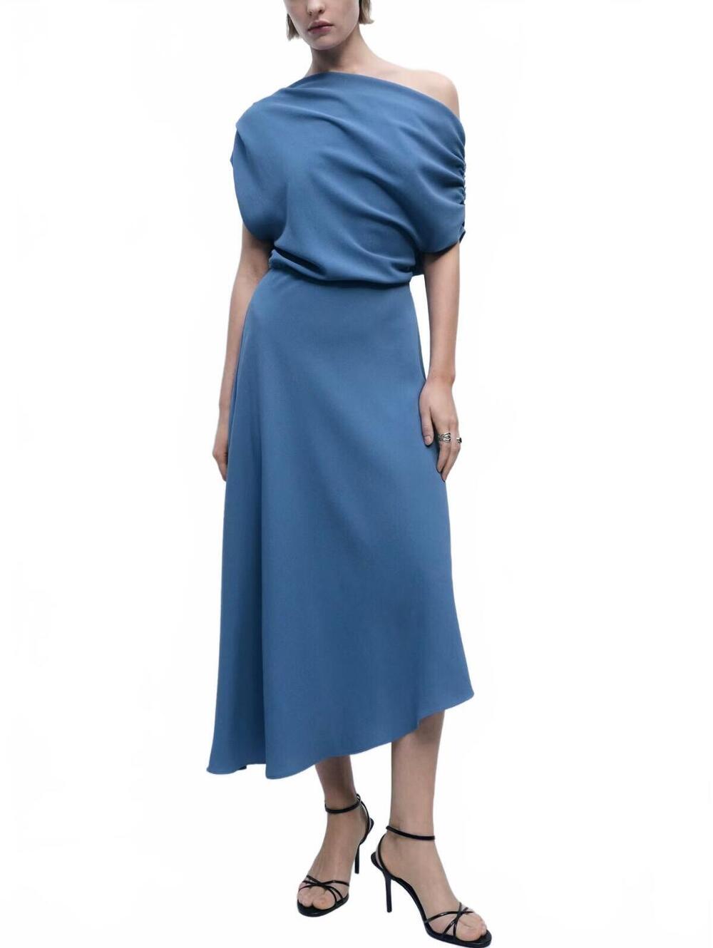 Mango Asymmetrical-Neck Midi-Dress NWT Blue Size 2 EUR XS